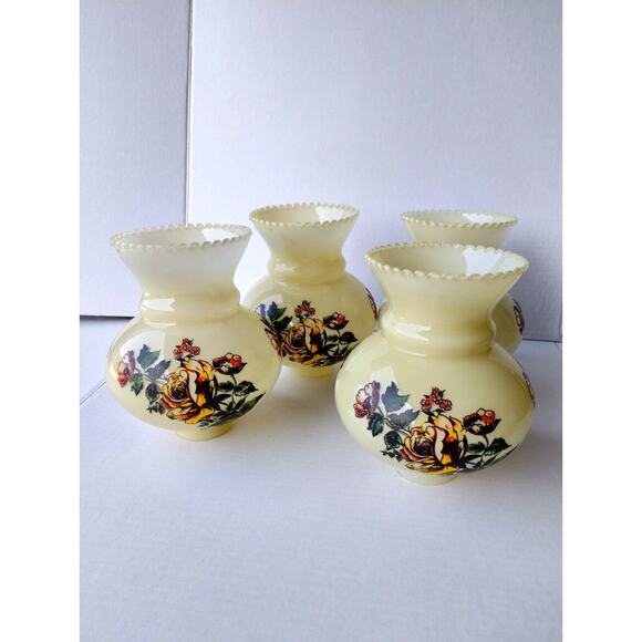 4 Vtg Transfer Flowers Glass Lamp Shade Yellow Roses Chimney Hurricane Electric - Picture 1 of 9